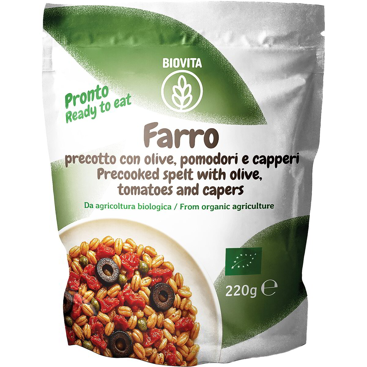 Farro precotto con olive, pomodori e capperi